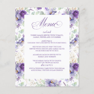 Botanical Purple and Gold Floral Wedding Menu Flyer