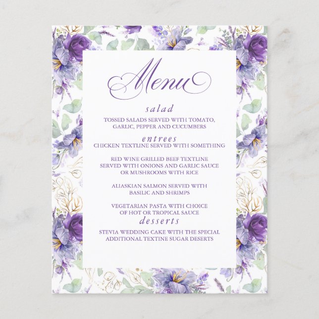 Botanical Purple and Gold Floral Wedding Menu Flyer (Front)