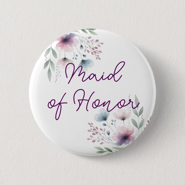Botanical Purple and Green Maid of Honor Button (Front)