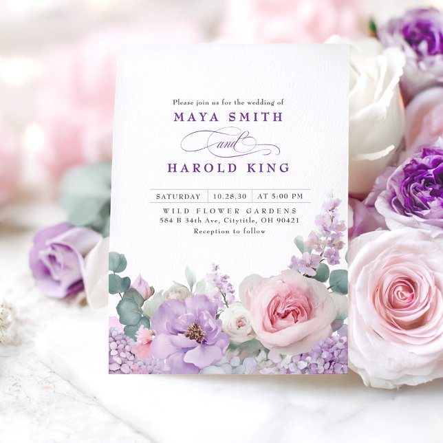 Botanical Purple and Pink Floral Boho Wedding Invitation (Purple and Pink Flowers Wedding Invitations)