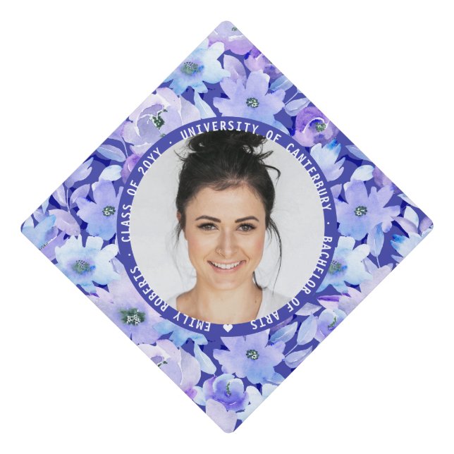 Botanical Purple Blue Floral Modern Photo Graduation Cap Topper (Front)
