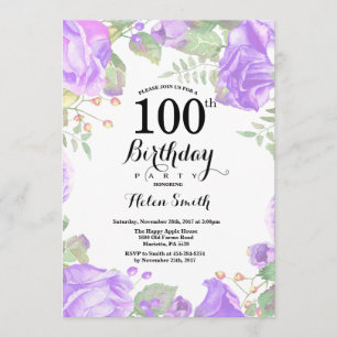 Botanical Purple Floral 100th Birthday Invitation
