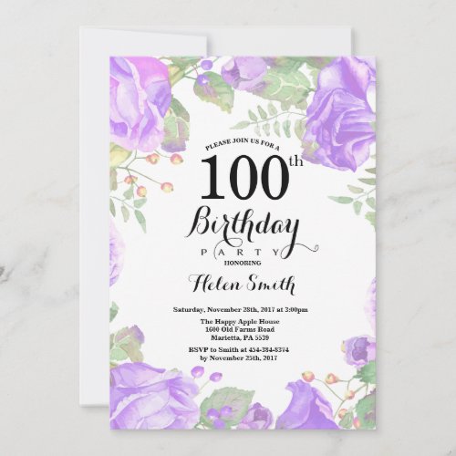 Botanical Purple Floral 100th Birthday Invitation