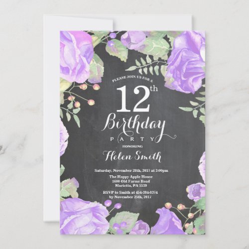 Botanical Purple Floral 12th Birthday Invitation