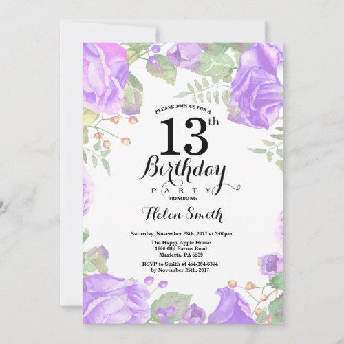 Botanical Purple Floral 13th Birthday Invitation