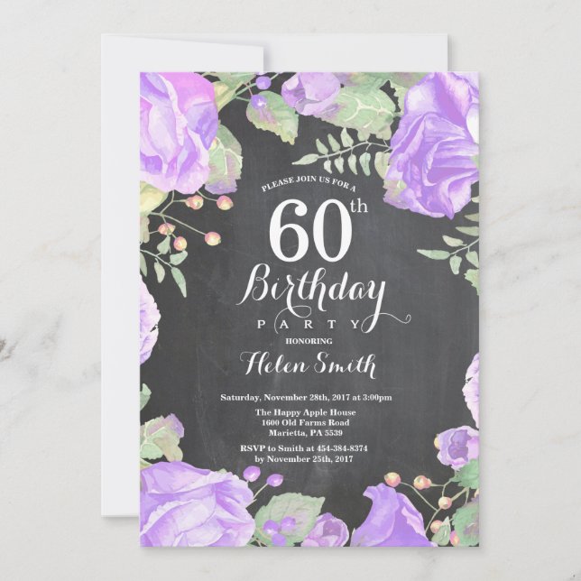 Botanical Purple Floral 60th Birthday Invitation (Front)