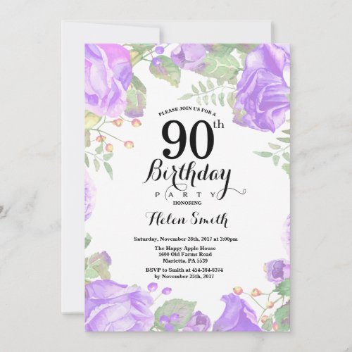 Botanical Purple Floral 90th Birthday Invitation