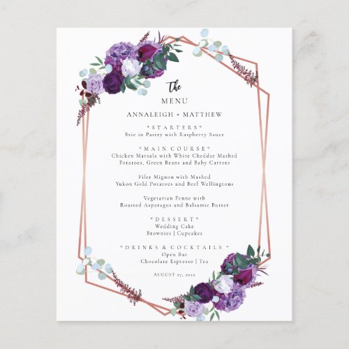 Botanical Purple Floral Elegant Wedding Menu