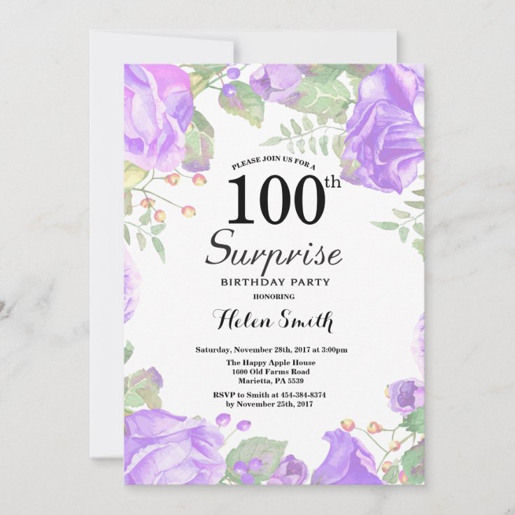 Botanical Purple Floral Surprise 100th Birthday Invitation | Zazzle