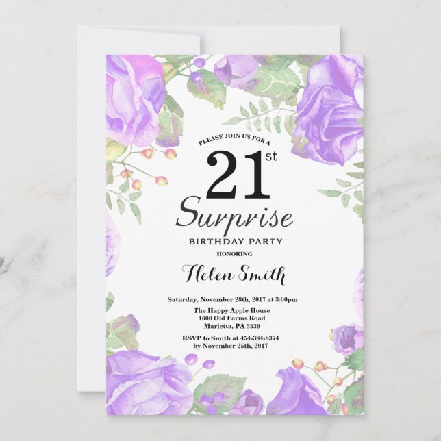 Botanical Purple Floral Surprise 21st Birthday Invitation (Front)