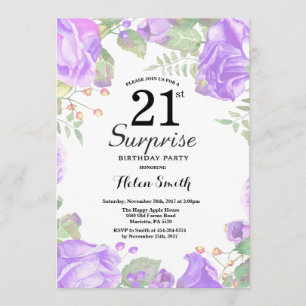 Botanical Purple Floral Surprise 21st Birthday Invitation