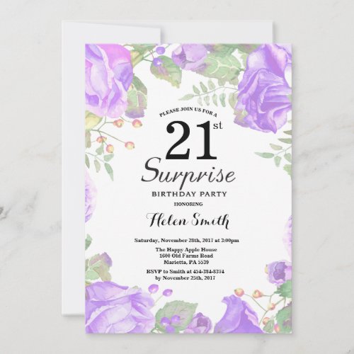 Botanical Purple Floral Surprise 21st Birthday Invitation