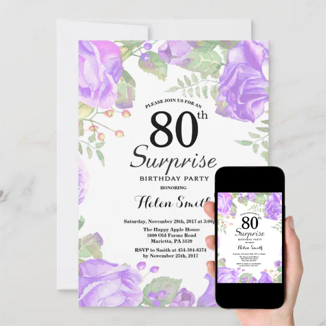 Botanical Purple Floral Surprise 80th Birthday Invitation | Zazzle