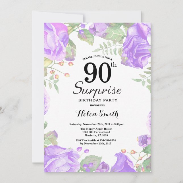 Botanical Purple Floral Surprise 90th Birthday Invitation (Front)