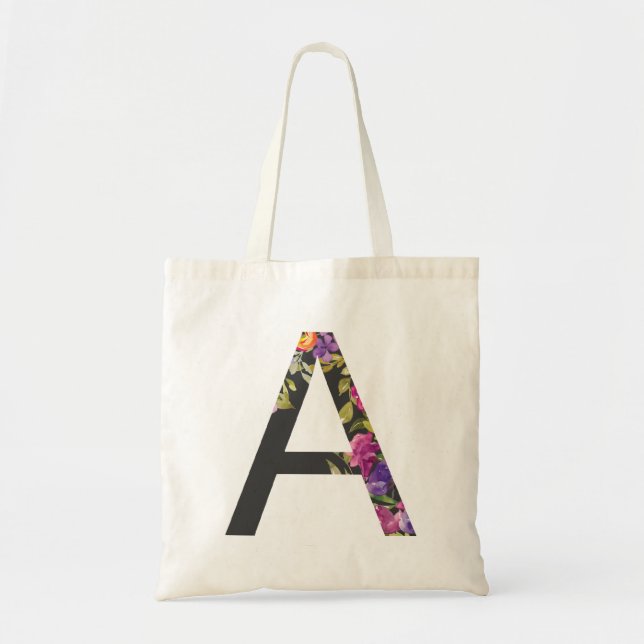 Botanical Purple Flowers Letter A Monogram Tote Bag (Front)