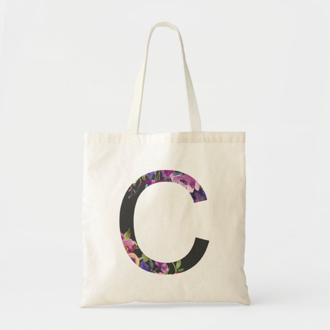 Botanical Purple Flowers Letter C Monogram Tote Bag (Front)