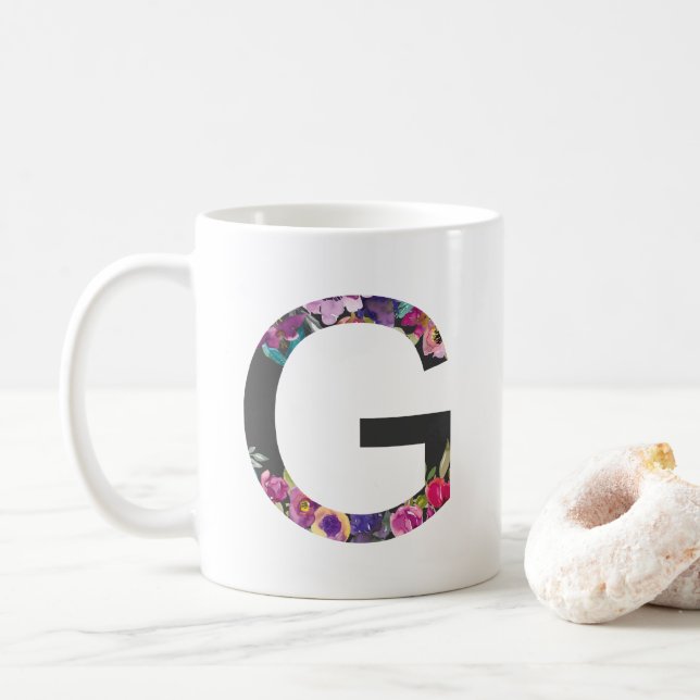 Botanical Purple Flowers Letter G Monogram Coffee Mug (With Donut)