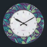 Botanical Purple & Green Leafs Seamless Pattern Large Clock<br><div class="desc">Elegant green tropical botanical leafs seamless pattern over deep purple background color you can change.</div>