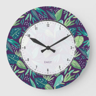 Botanical Purple & Green Leafs Seamless Pattern Large Clock