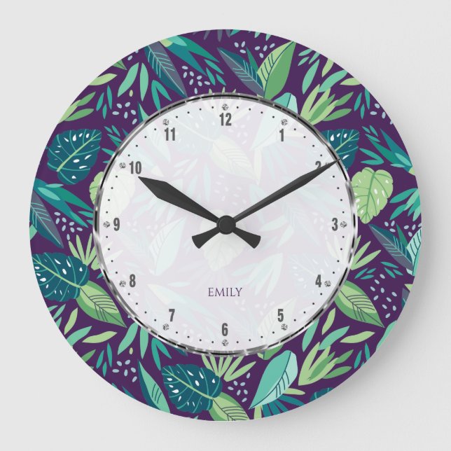 Botanical Purple & Green Leafs Seamless Pattern Large Clock (Front)