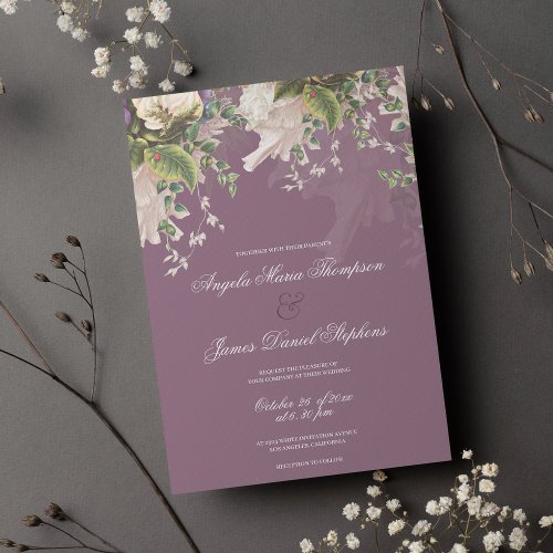 Botanical purple green pink ivory floral wedding invitation