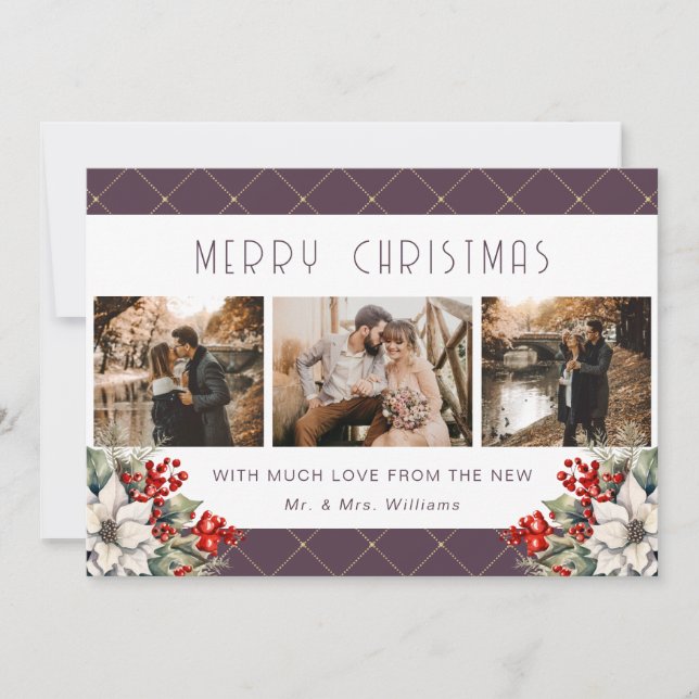 Botanical Purple Merry Christmas Newlywed 3 Photo Holiday Card (Front)