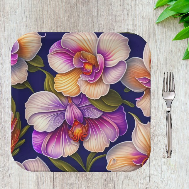 Botanical Purple Orchids Artwork Paper Plates (Creator Uploaded)