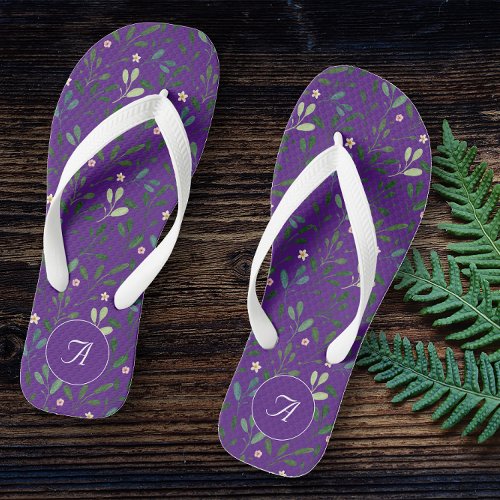 Botanical purple pattern leaves  flower name flip flops