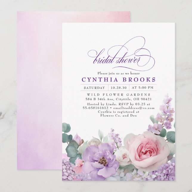 Botanical Purple Pink Floral Boho Bridal Shower Invitation (Front/Back)