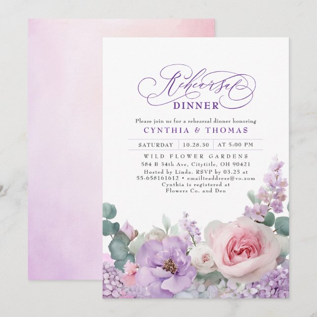 Botanical Purple Pink Floral Boho Rehearsal Dinner Invitation (Front/Back)