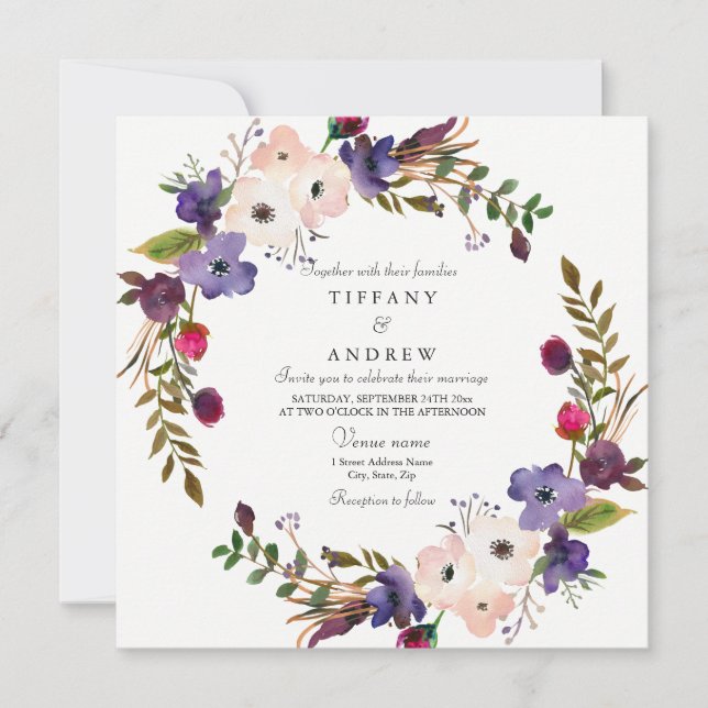 Botanical Purple Pink Floral Wreath Wedding Invite (Front)