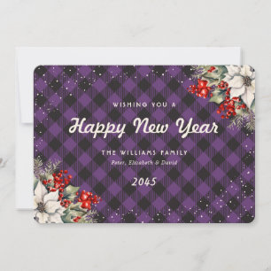 Botanical Purple Plaid Snow New Year Card