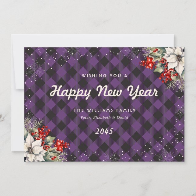 Botanical Purple Plaid Snowflake New Year Card (Front)