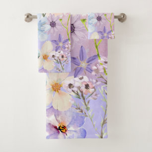 Botanical Purple Wildflower and Bumblebee Bath Towel Set