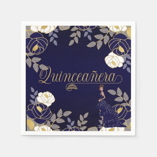 Botanical Quinceanera in White and Navy Blue Napkins