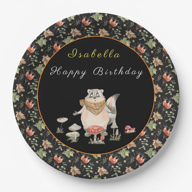 Botanical Raccoon Customize Text and Color Paper Plates (Front)