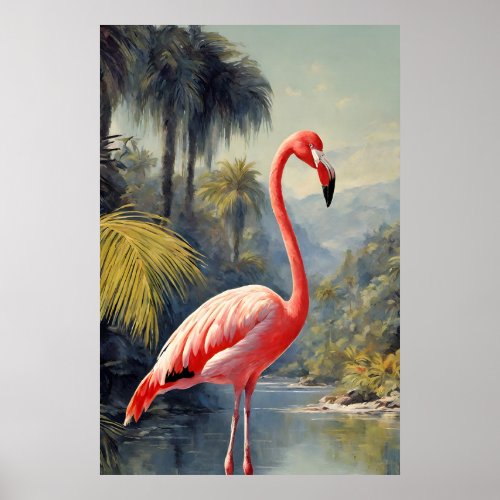 Botanical Rainforest Pink Flamingo Vintage Poster