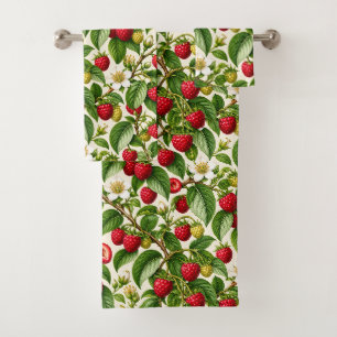 Botanical Raspberry and Blossom Pattern Bath Towel Set