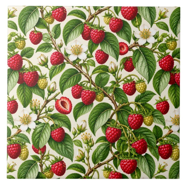Botanical Raspberry and Blossom Pattern Ceramic Tile (Front)