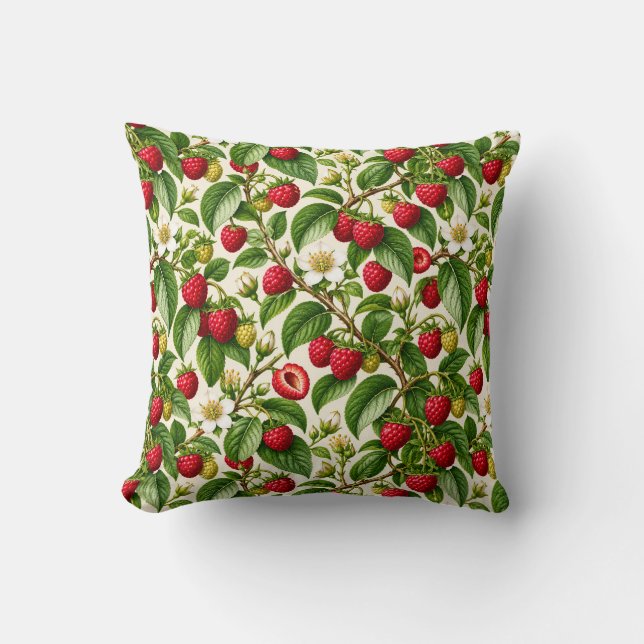 Botanical Raspberry and Blossom Pattern Throw Pillow (Front)