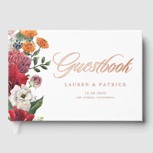 Botanical Red Amaryllis and Autumn Florals Wedding Foil Guest Book