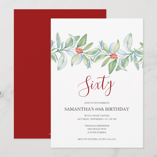 Botanical Red and Green Christmas 60th Birthday Invitation (Front/Back)