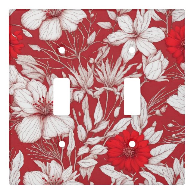 Botanical red and white flowers pattern light switch cover (Front)