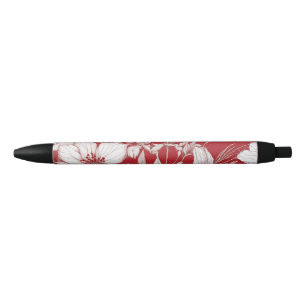 Botanical red and white flowers pattern pen