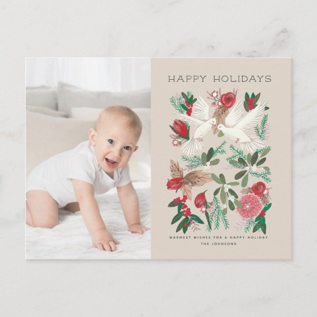 Botanical Red & Beige floral & doves Holiday Postcard (Front)