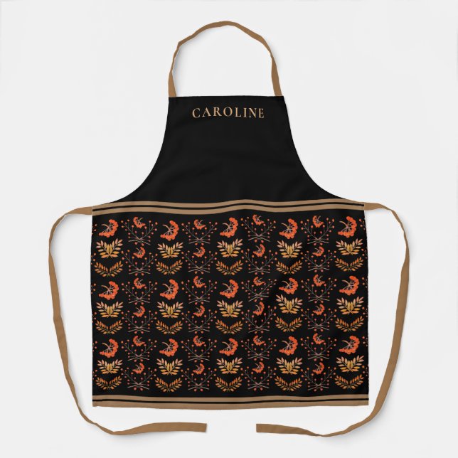 Botanical Red Berries & Fall Leaves Black Custom Apron (Front)