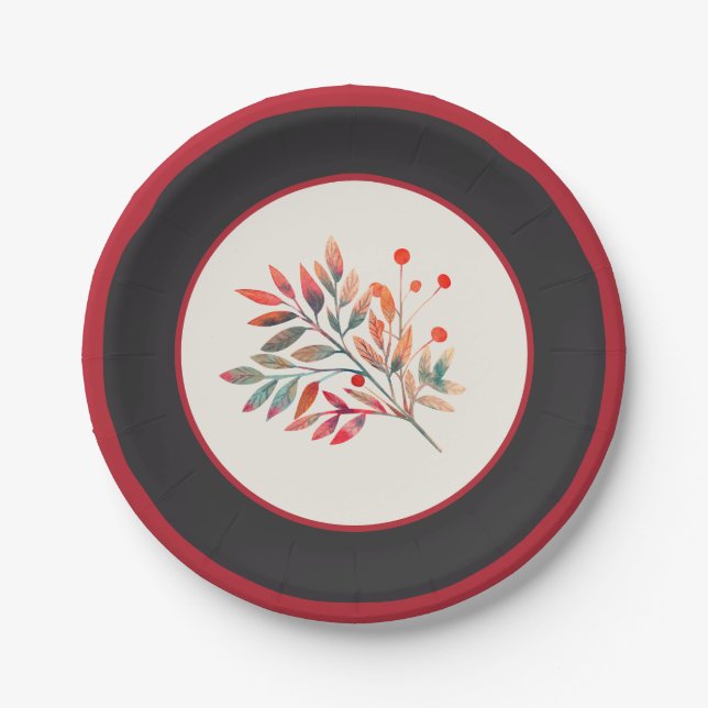 Botanical Red Berry Stripe & Leaves Paper Plates (Front)