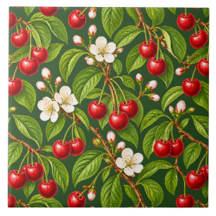 Botanical Red Cherries and White Blossoms Ceramic Tile