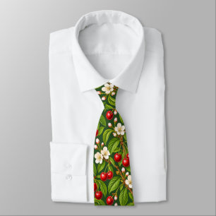 Botanical Red Cherries and White Blossoms Neck Tie