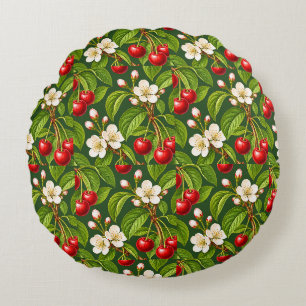 Botanical Red Cherries and White Blossoms Round Pillow